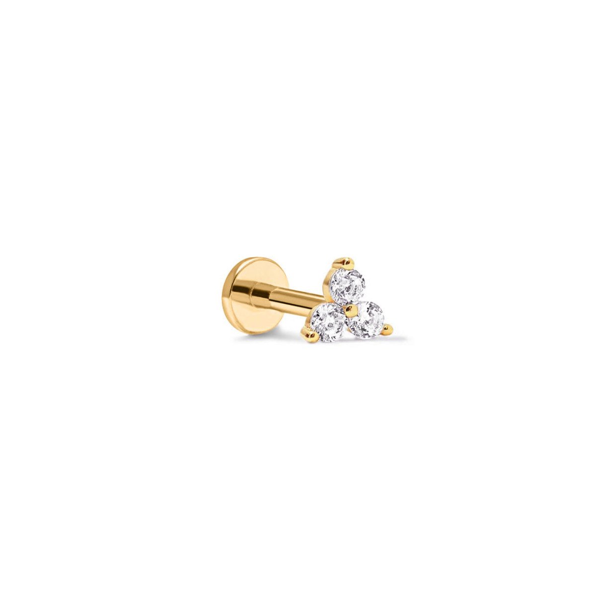 14K gold flat back stud with a three-stone white zirconia cluster, on a white background