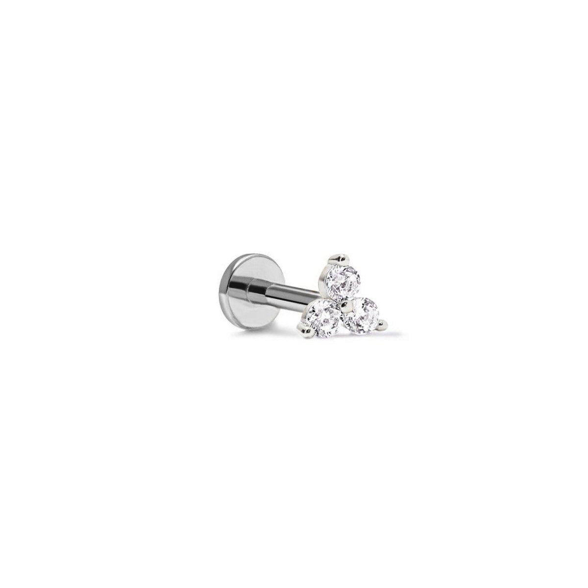 14K white gold flat back stud with three white zirconia stones, on a white background