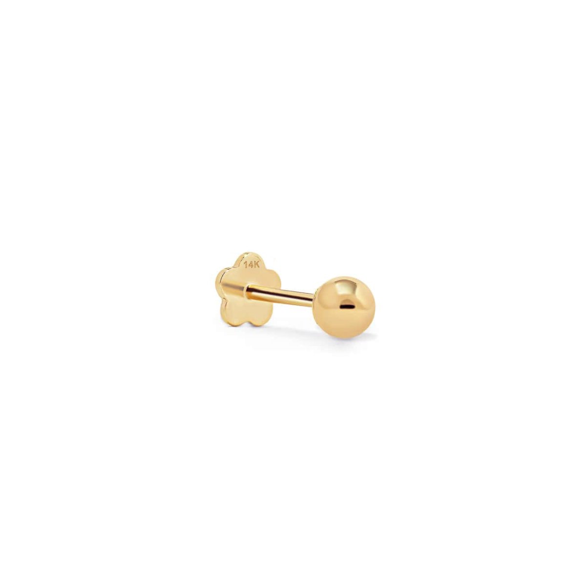 14K gold tiny sphere flat back stud with a flower-shaped screw back, on a white background