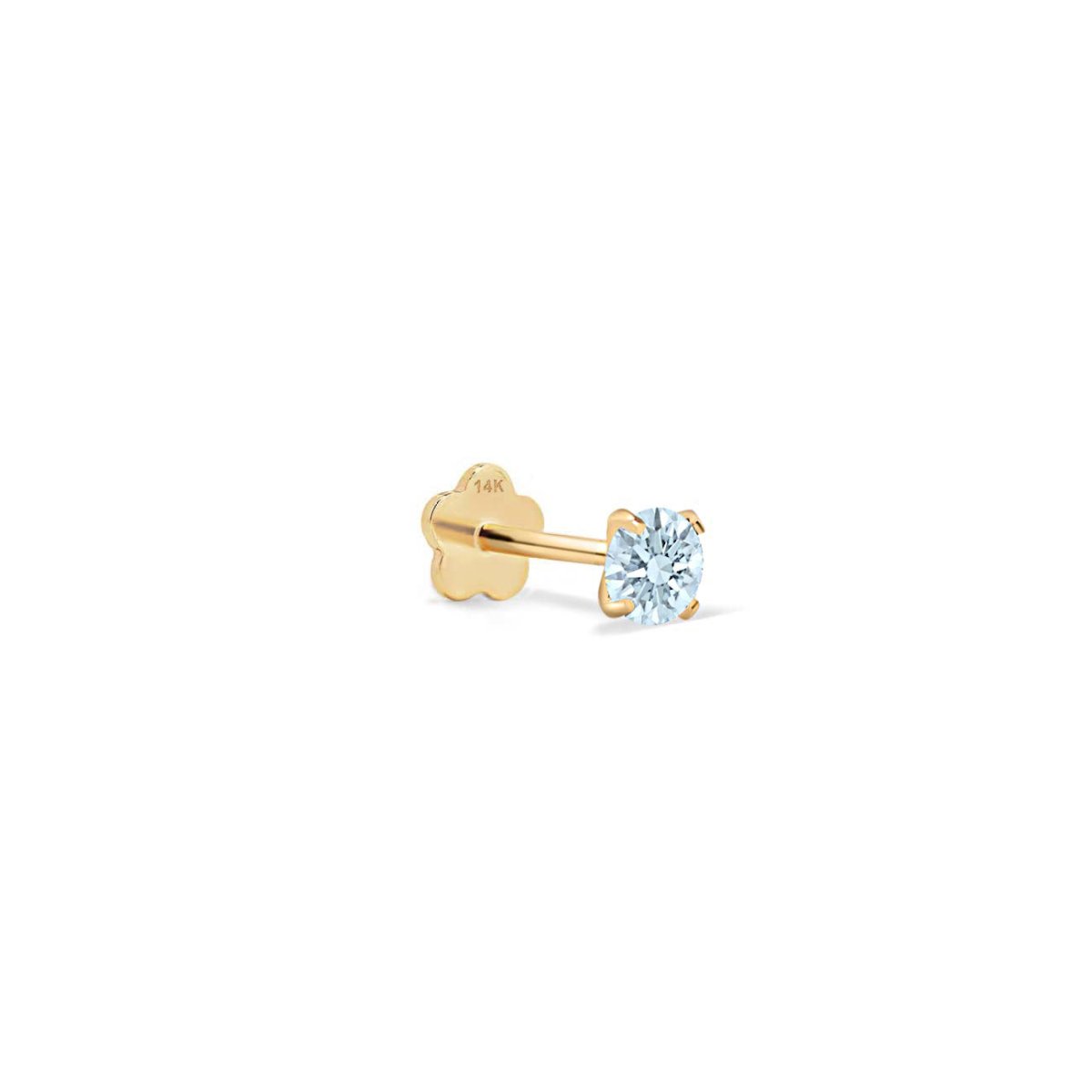 14K gold flat back stud with a round light blue aquamarine, flower-shaped back, on a white background