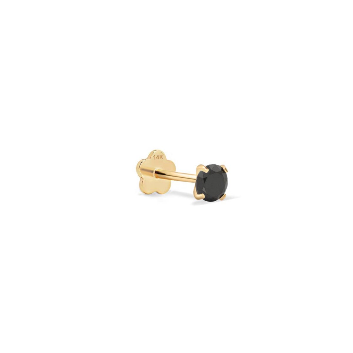 14K gold onyx flat back stud with a round black stone and flower-shaped backing, on a white background