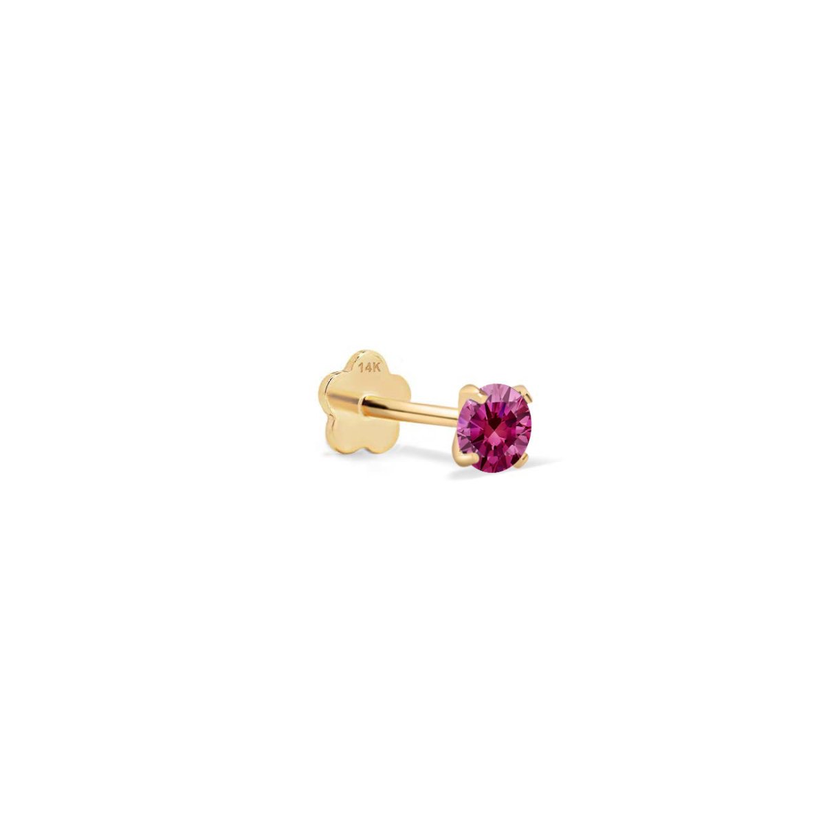 14K gold ruby flat back stud with a round pink-red stone and flower-shaped backing, on a white background