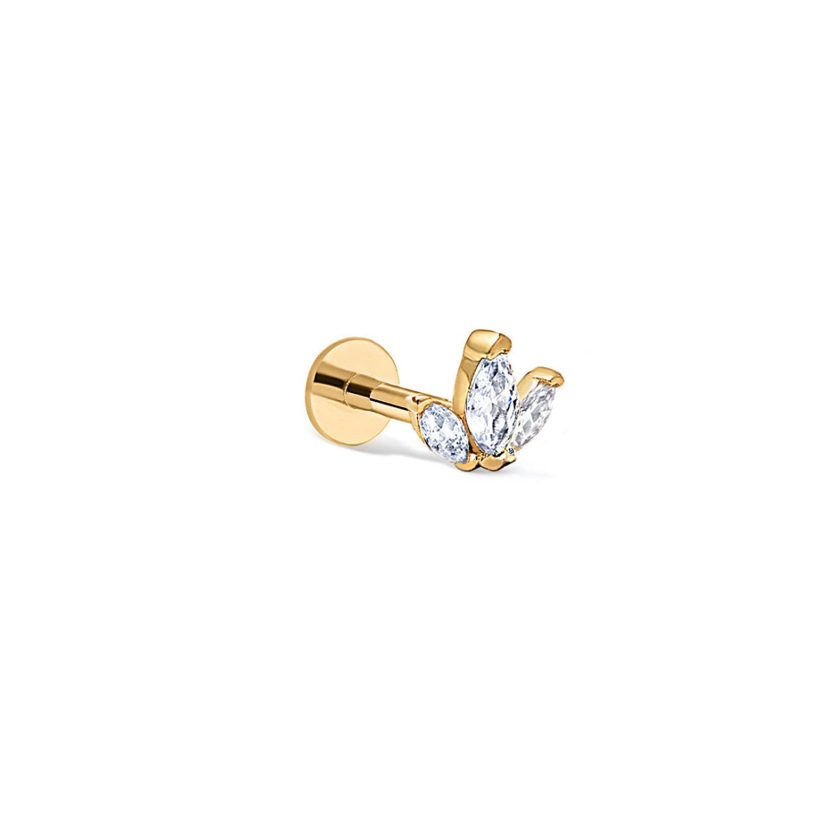 14K gold marquise cluster flat back stud with white zirconia, on a white background