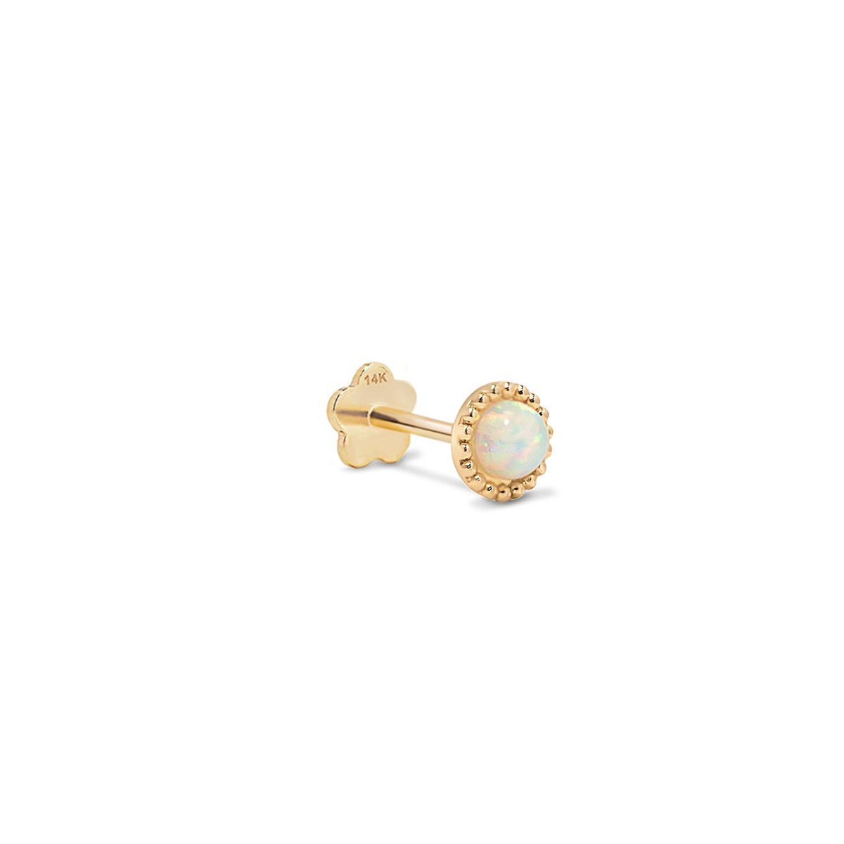 14K gold flat back stud with a round white opal in a beaded bezel, on a white background