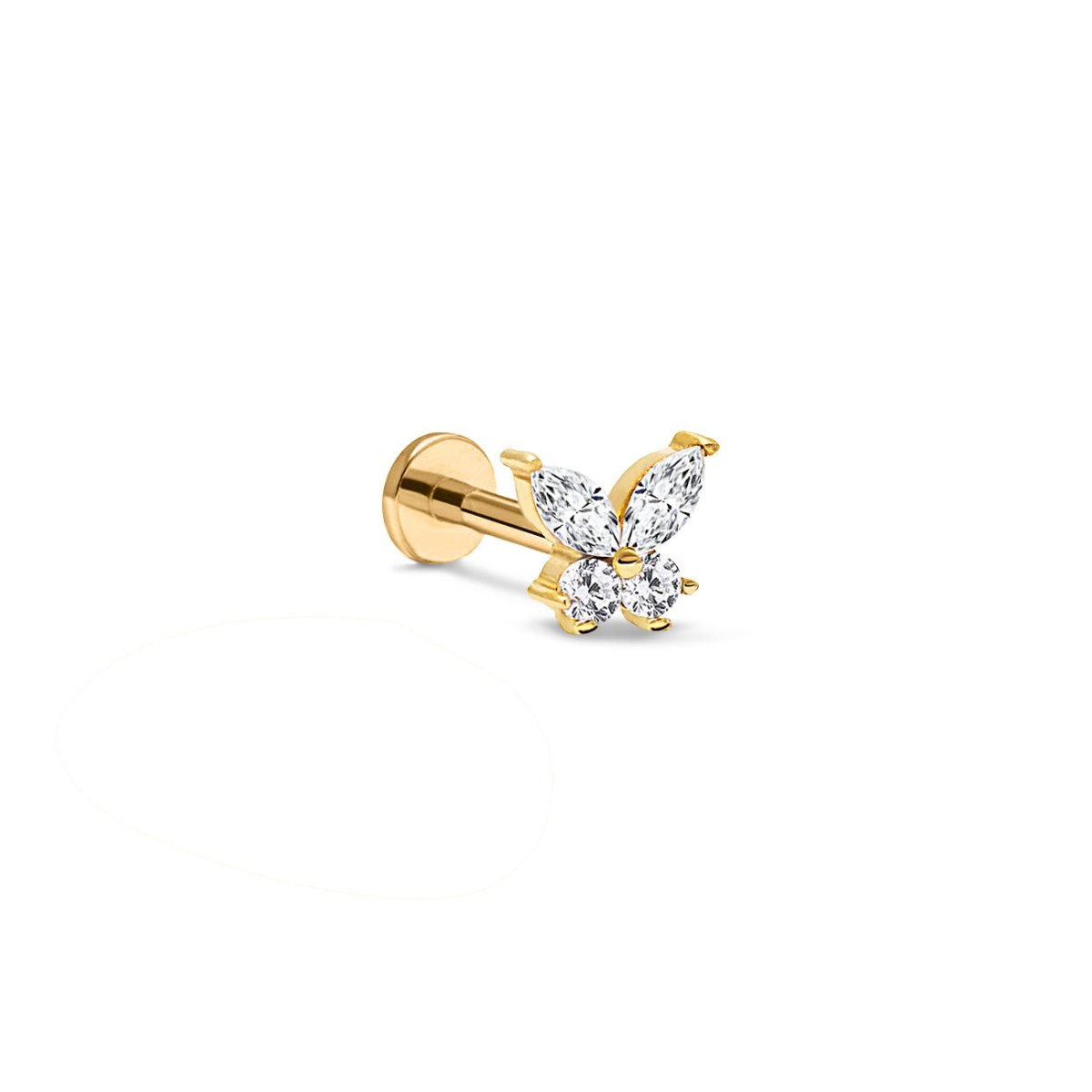 14K gold butterfly flat back stud set with white zirconia stones, on a white background