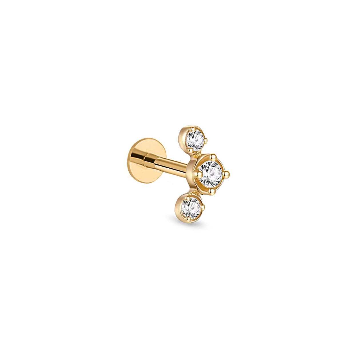 14K gold trio bezel flat back stud with three round white zirconia stones, on a white background