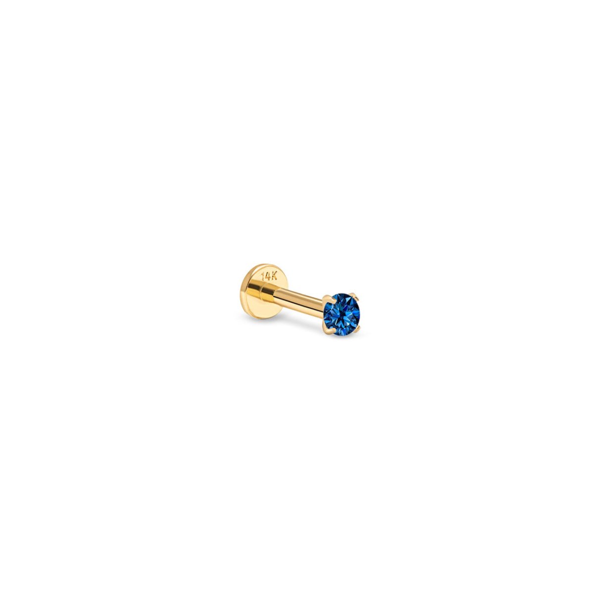 14K gold flat back stud with a round deep blue sapphire in a prong setting, on a white background