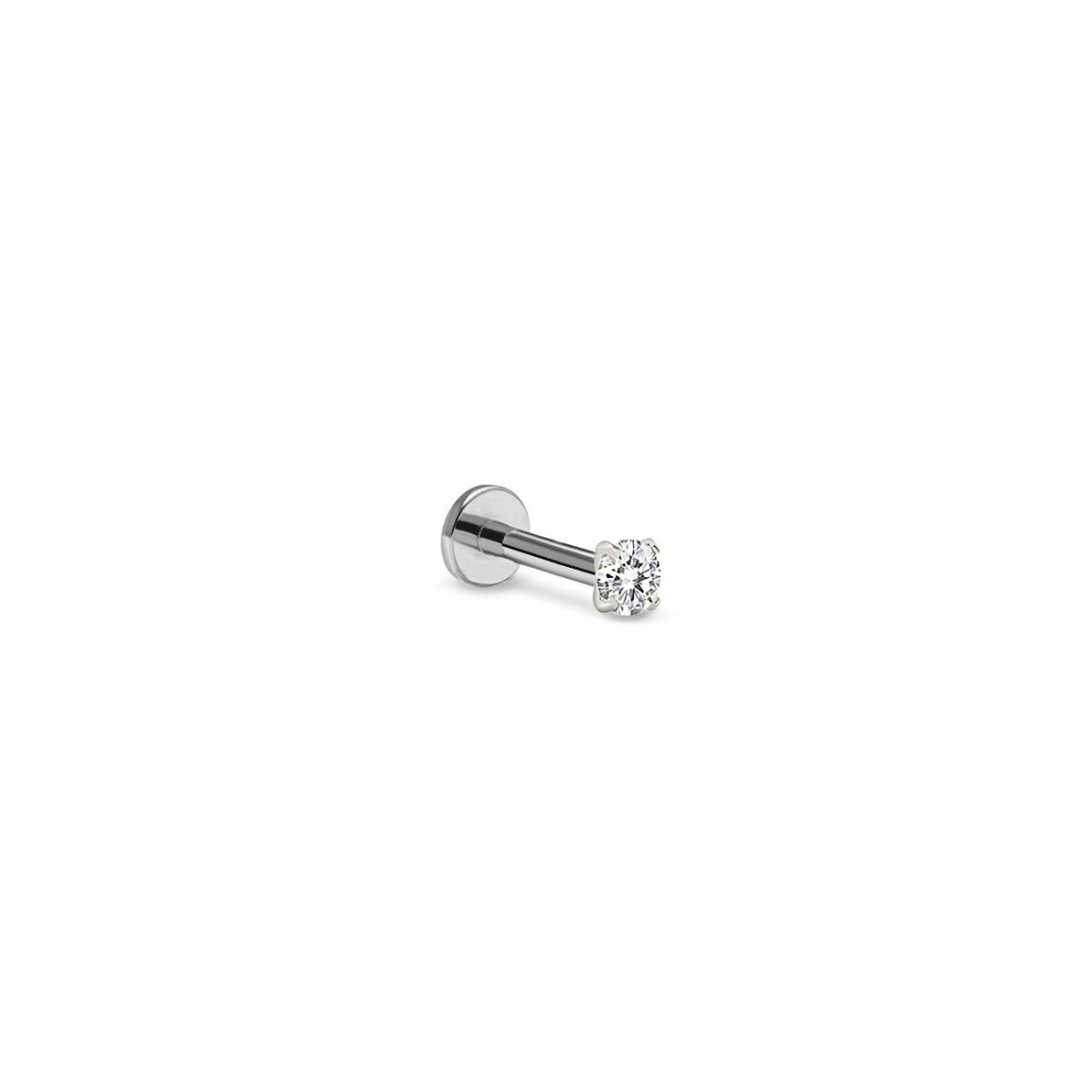 14K white gold flatback stud with a single round clear stone in prongs, on a white background