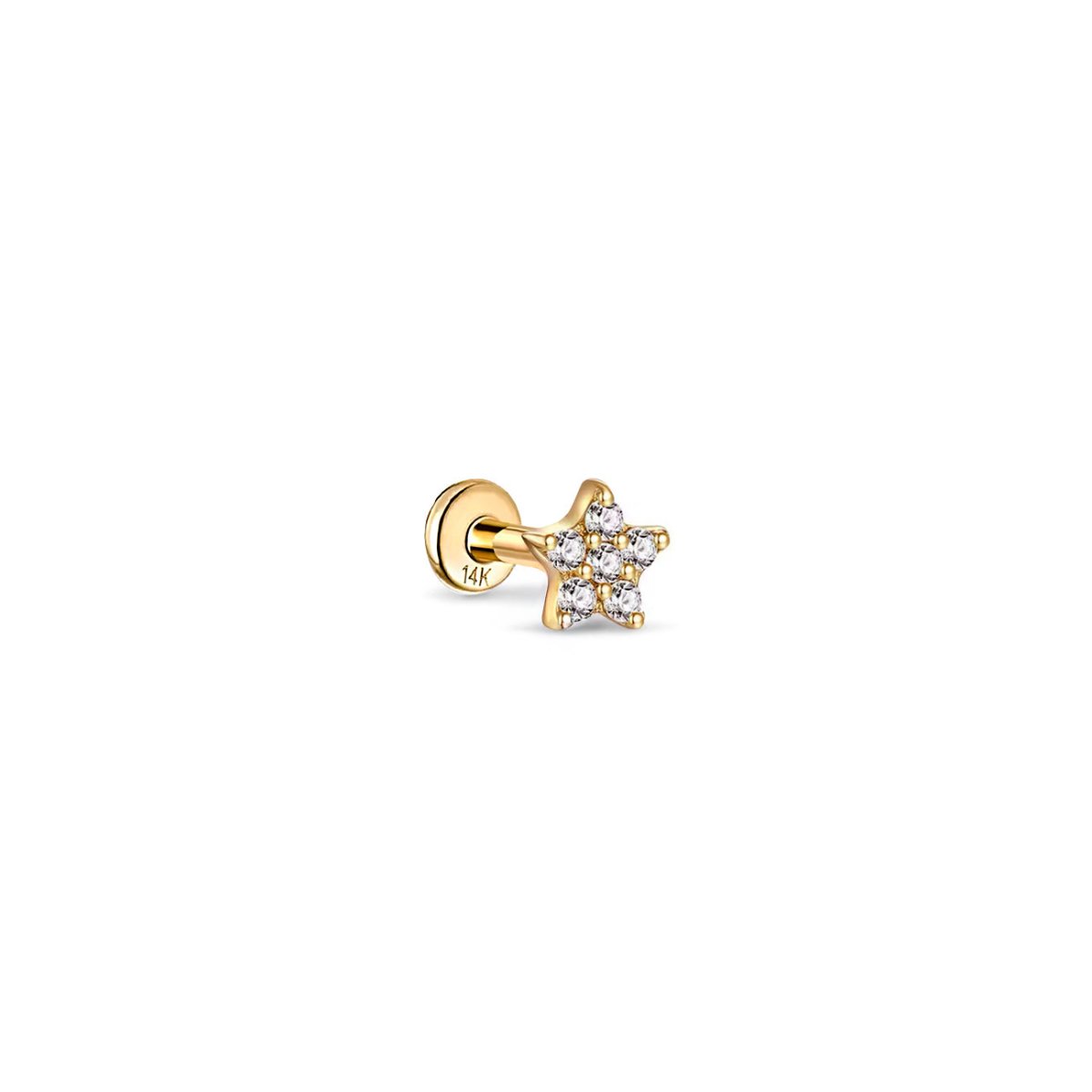 14K gold pavé star flat back stud with white zirconia, on a white background