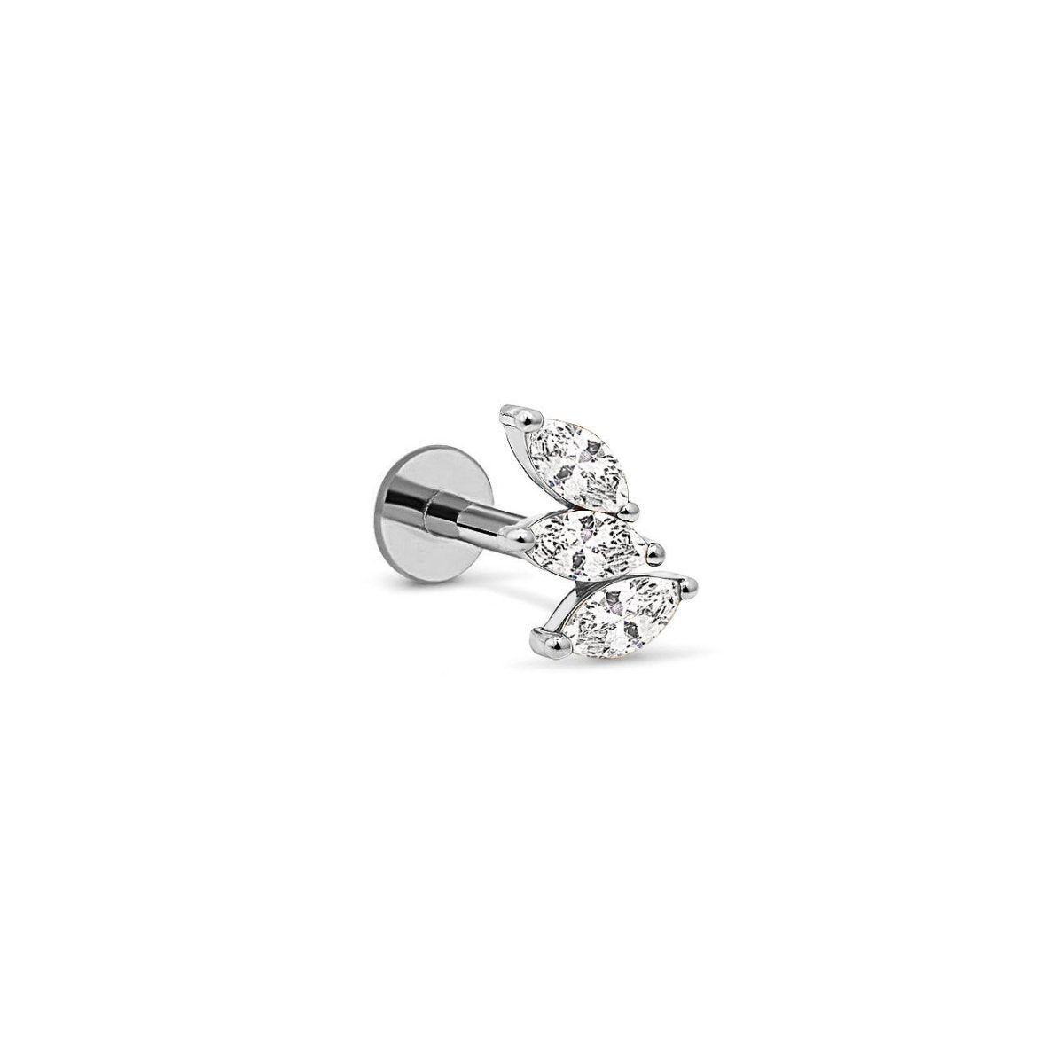 14K white gold curved stud with three marquise white zirconia stones, on a white background