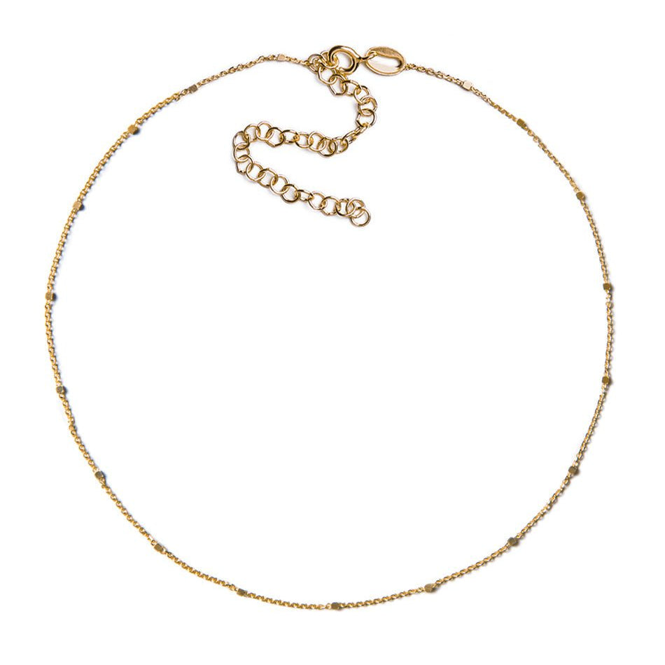 Gold vermeil dainty satellite bead chain choker with extender, on a white background