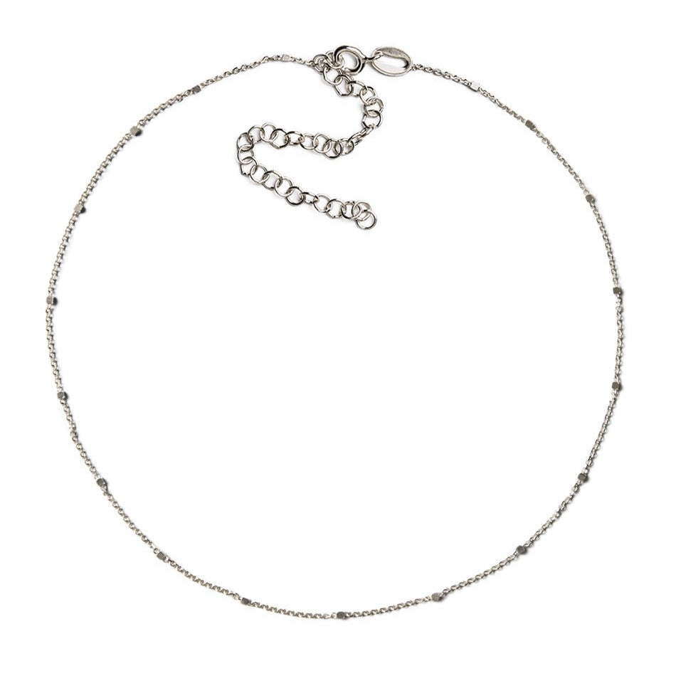 Sterling silver dainty satellite bead chain choker with extender, on a white background