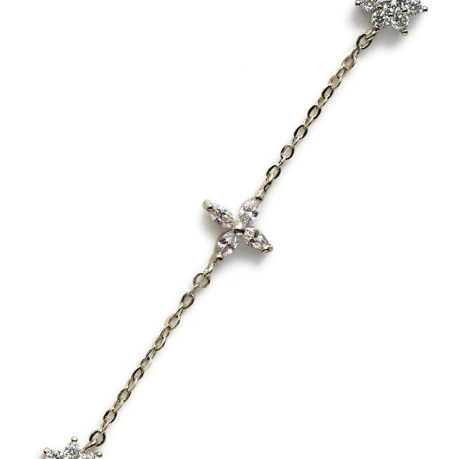 Sterling silver pavé clear crystal flower choker, close-up detail on a white background