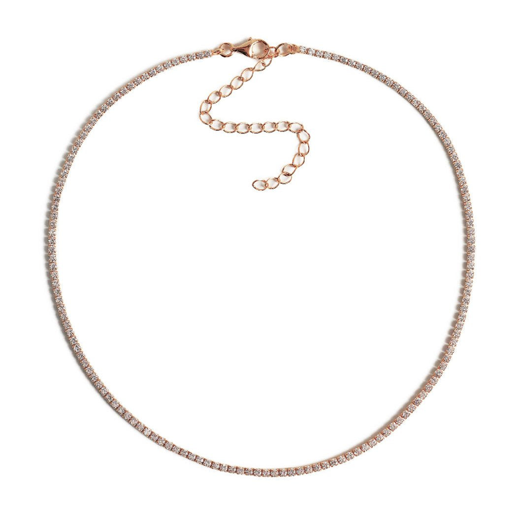 Rose gold vermeil choker with a row of round clear crystals and a lobster clasp, on a white background