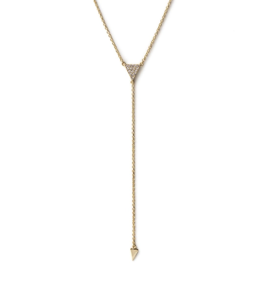 Gold vermeil lariat necklace with a pavé triangle and pointed drop, on a white background