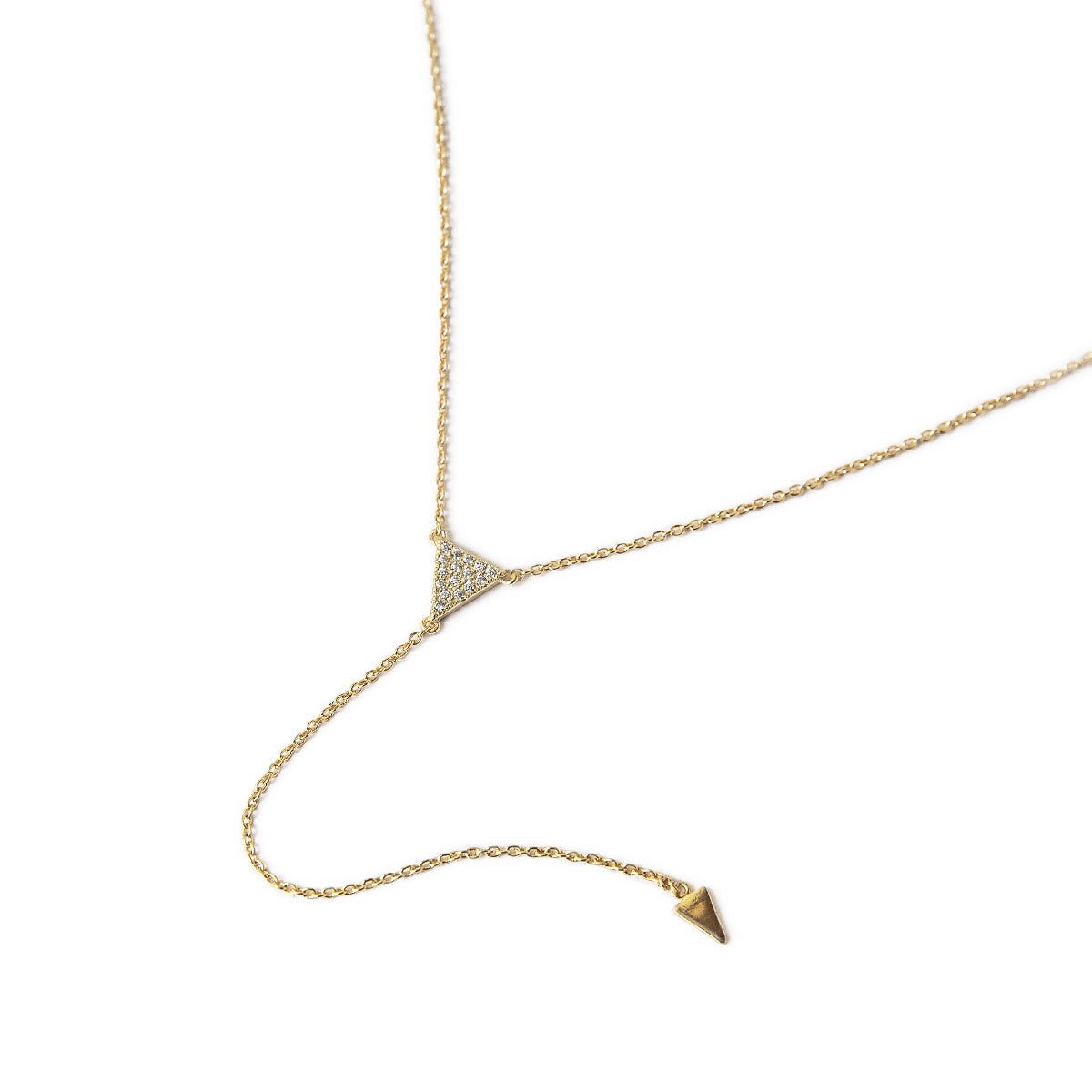 Gold vermeil lariat necklace with a pavé triangle, close-up detail on a white background