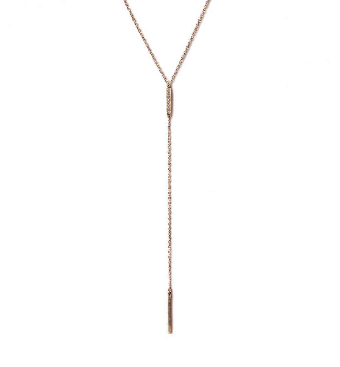 Rose gold vermeil bar lariat necklace with a pavé clear-stone bar, on a white background