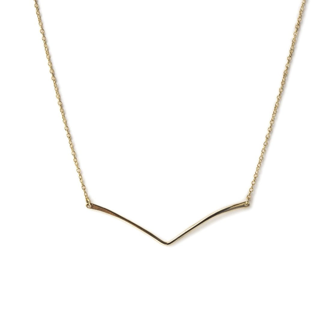 Gold vermeil chevron bar necklace on a thin chain, on a white background