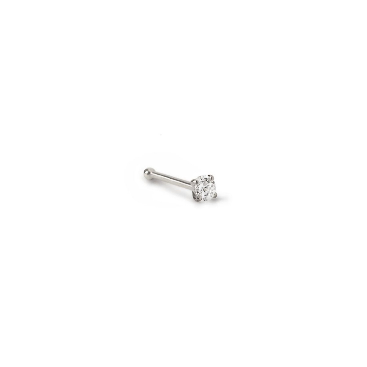 14K white gold nose stud with a prong-set round white zirconia, on a white background