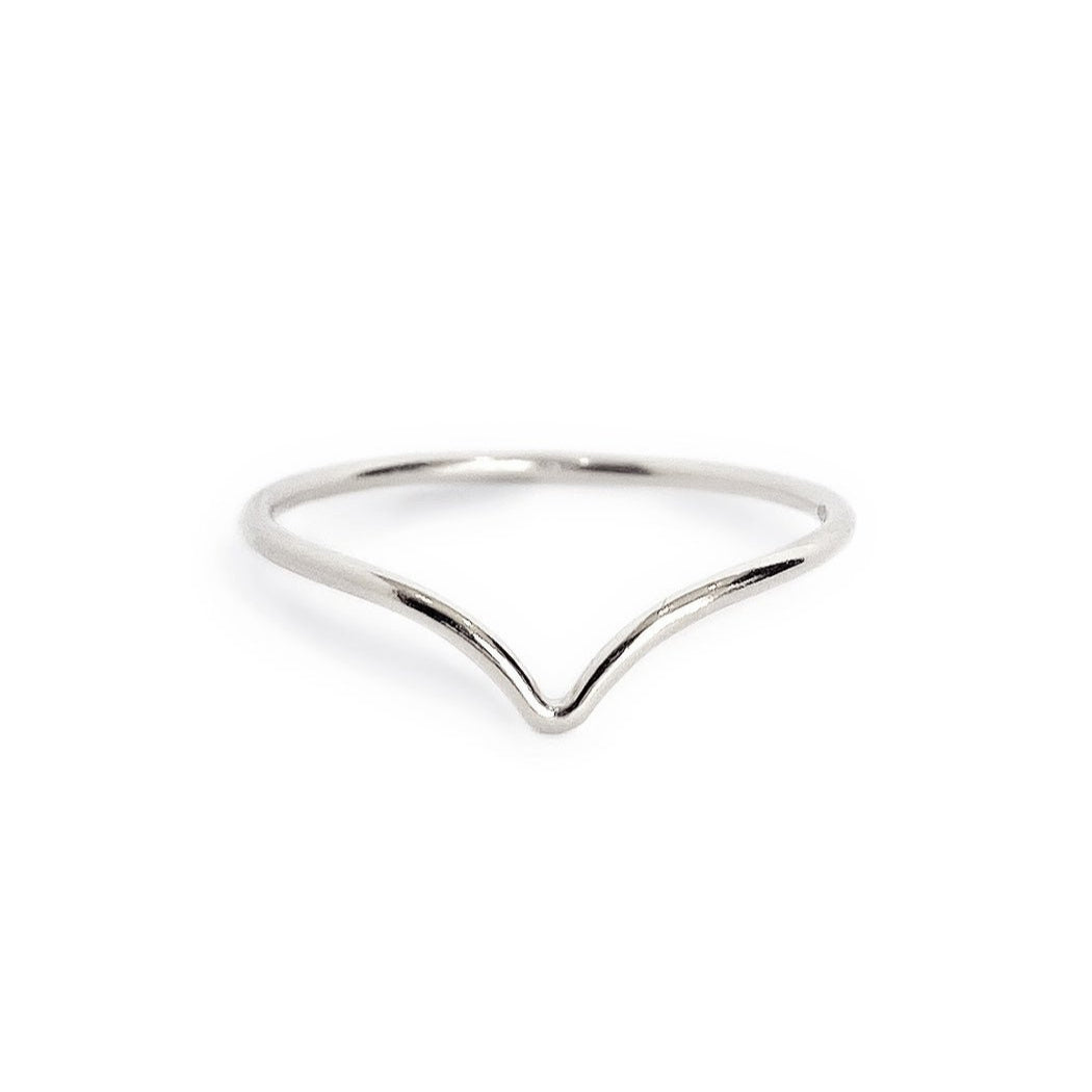 Sterling silver chevron ring with a thin V-shaped band, on a white background