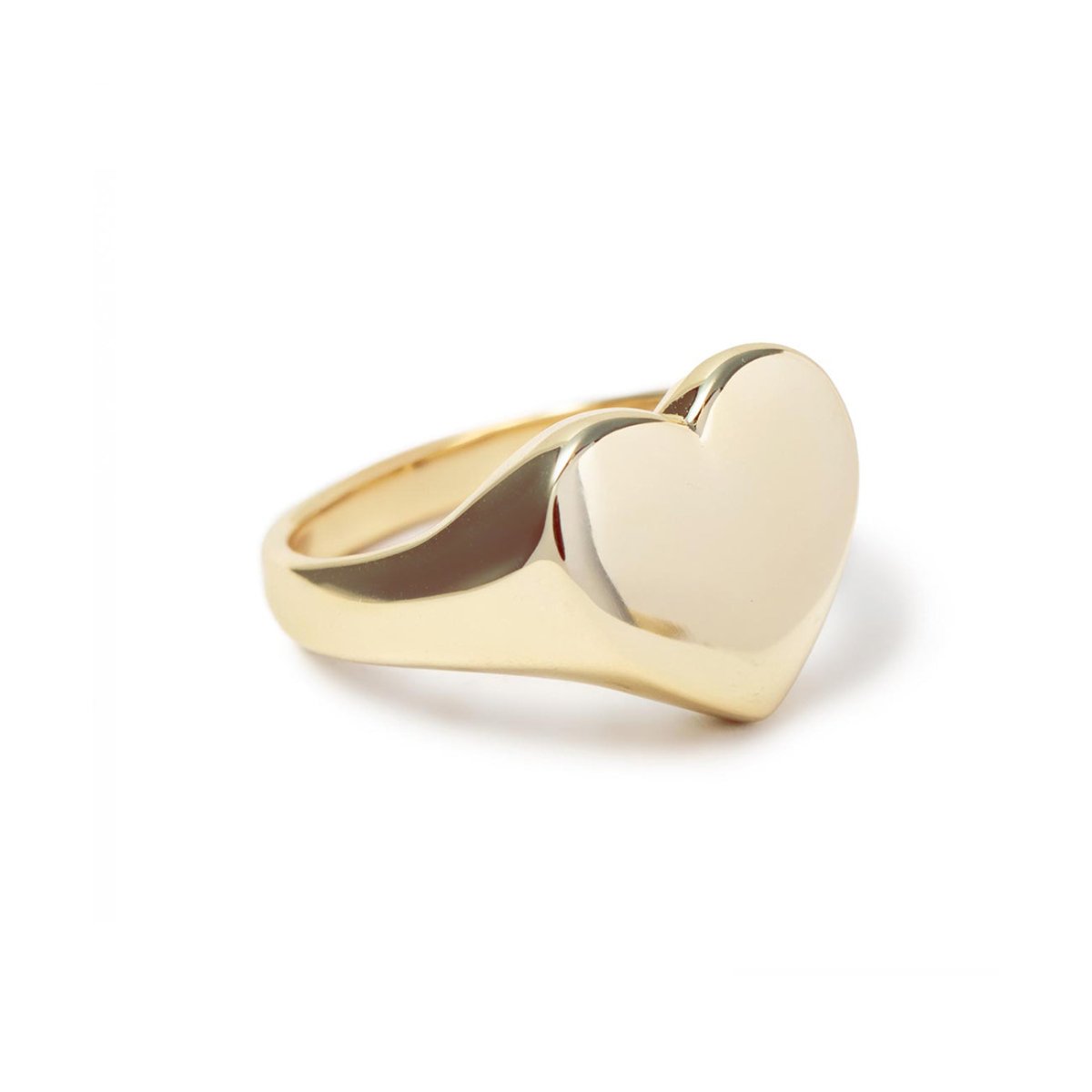 Gold vermeil heart signet ring with a smooth polished face, on a white background