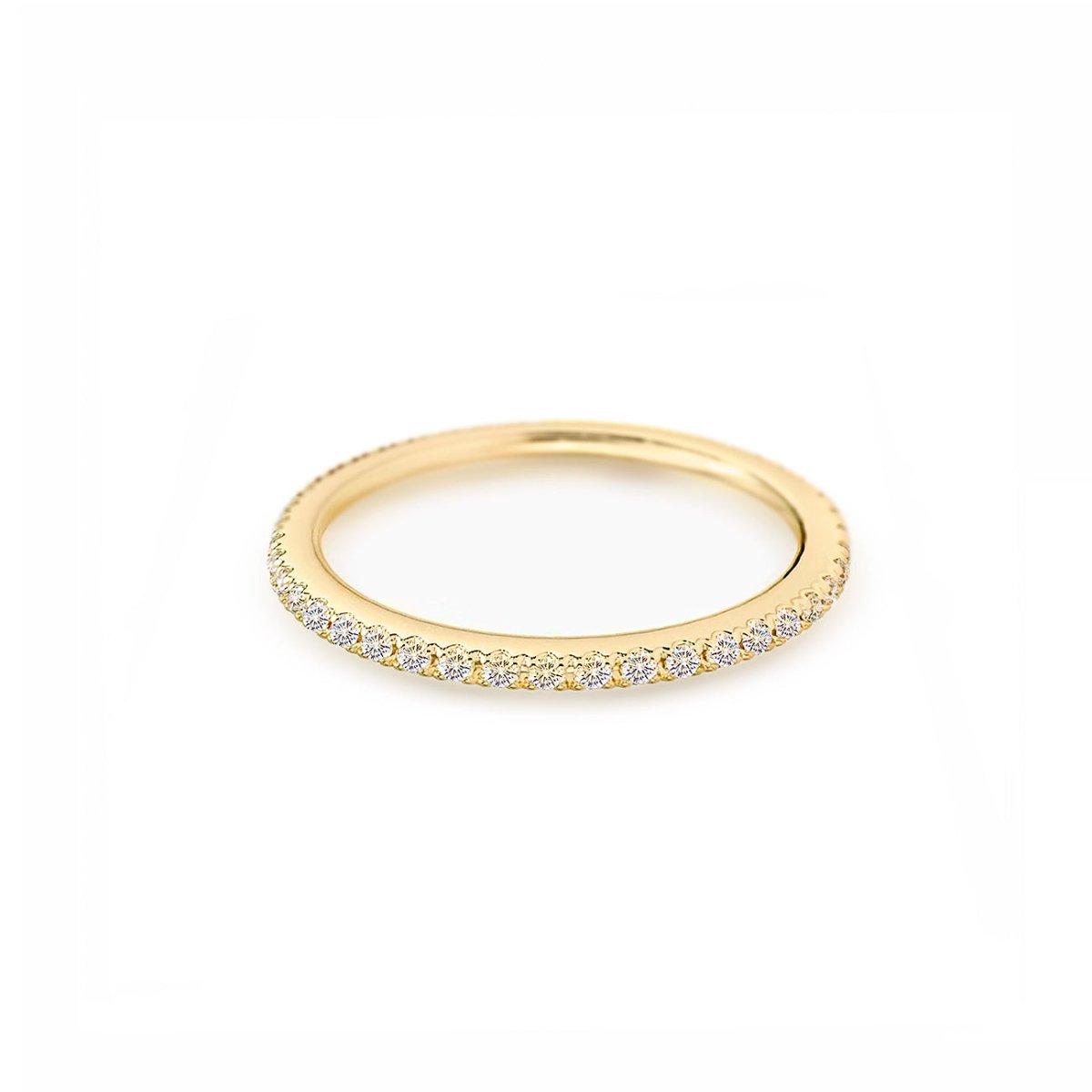 14K gold thin diamond band eternity ring with a row of clear pavé diamonds, on a white background