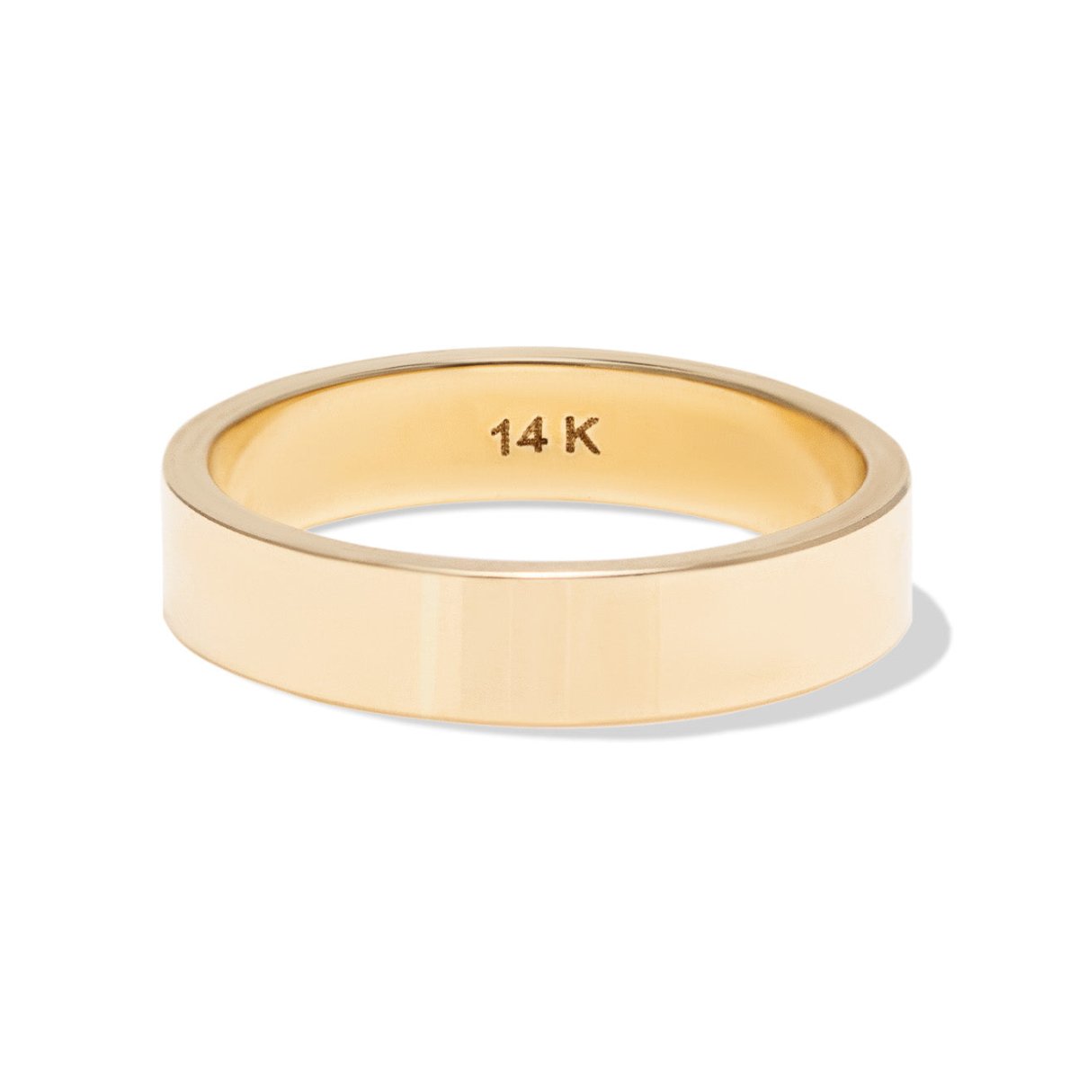 14K gold flat cigar band ring with an interior karat stamp, on a white background