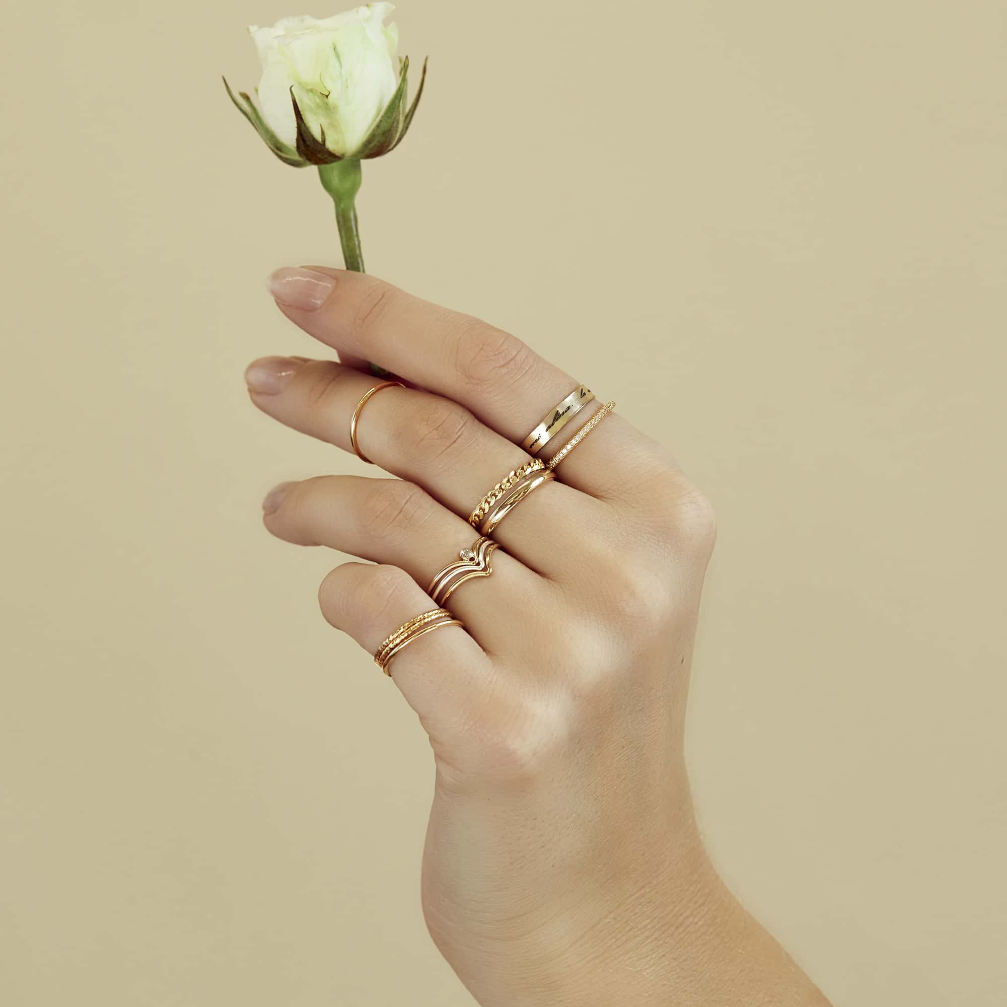Stack of 14K gold thin band rings, including plain and twisted styles, shown on a model's hand holding a rose