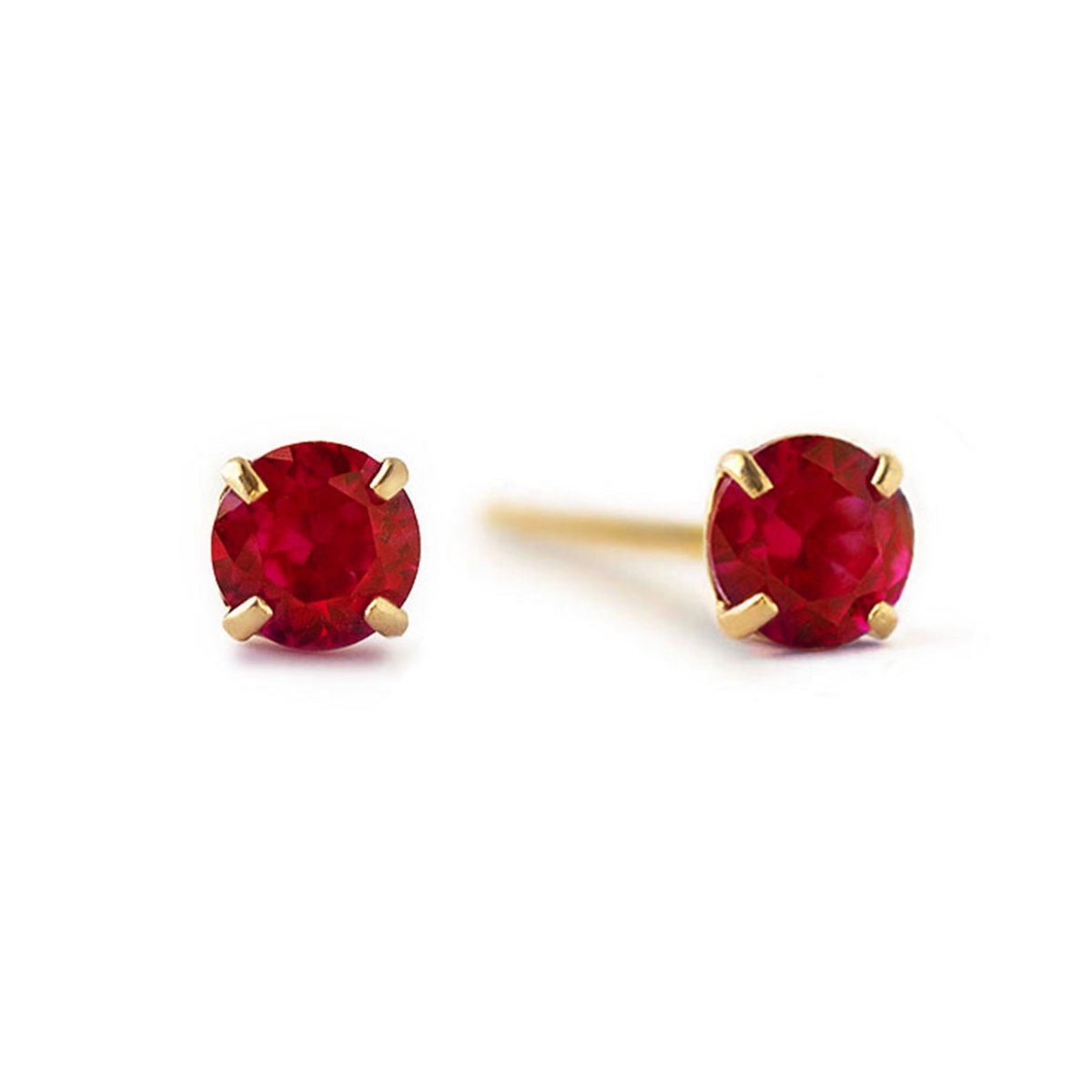 14K gold garnet studs with round deep-red stones in four-prong settings, on a white background