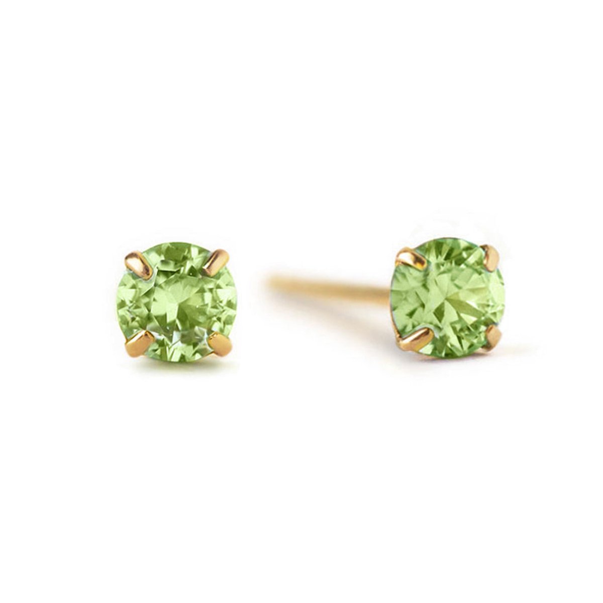 14K gold peridot studs with round green stones in four-prong settings, on a white background