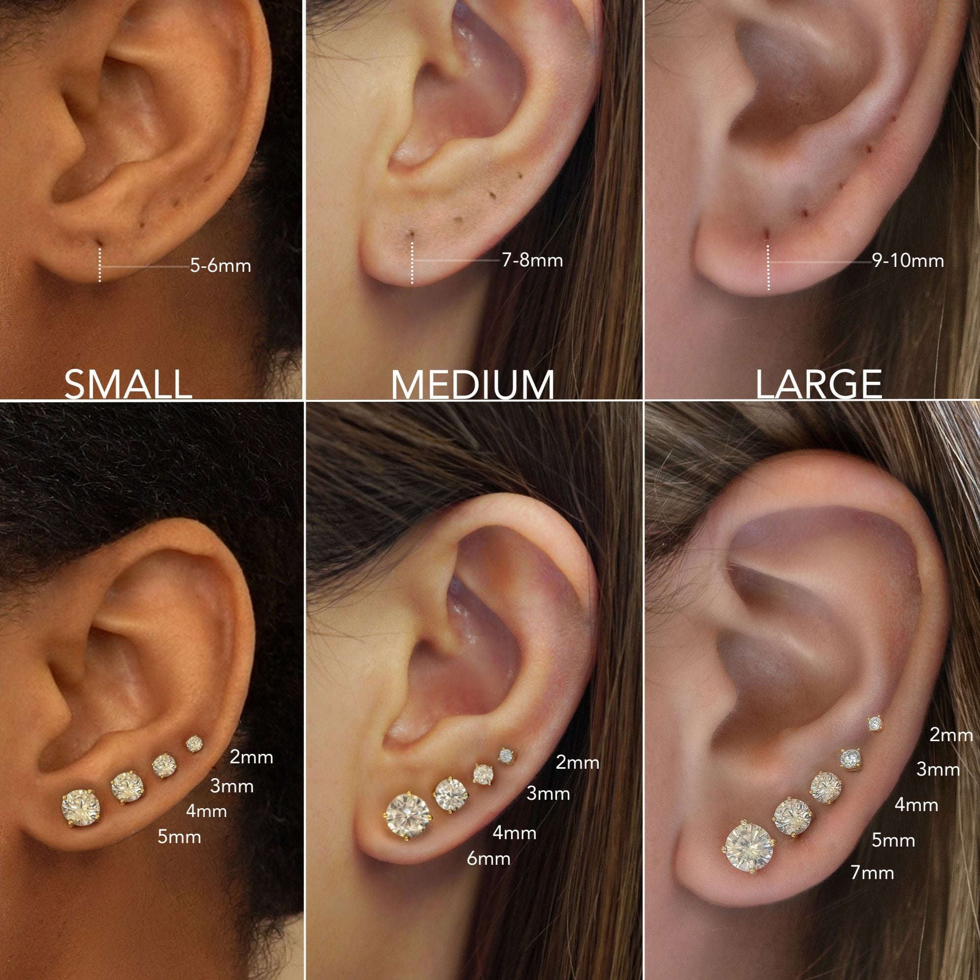 Comparison of earrings on different ear sizes with measurements.