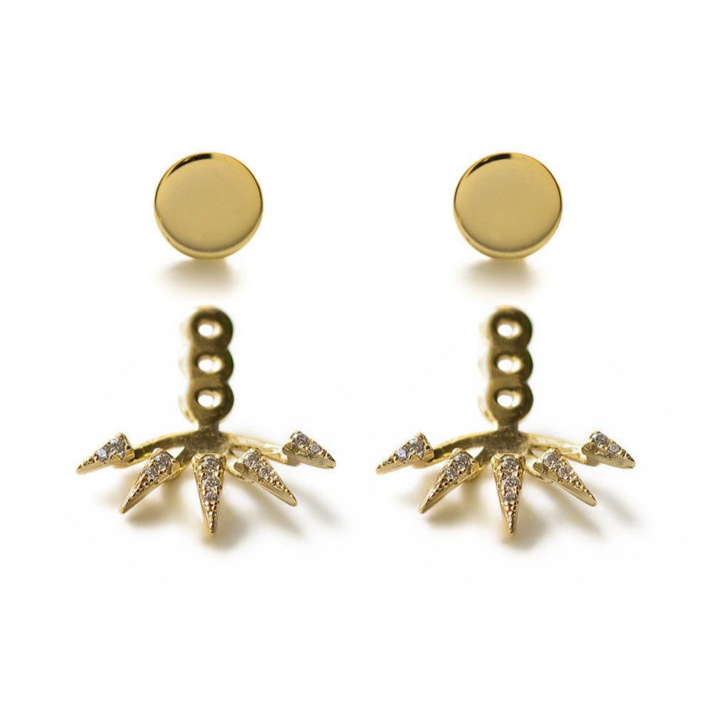 Gold vermeil spike ear jacket earrings with white zirconia, round studs above, on a white background