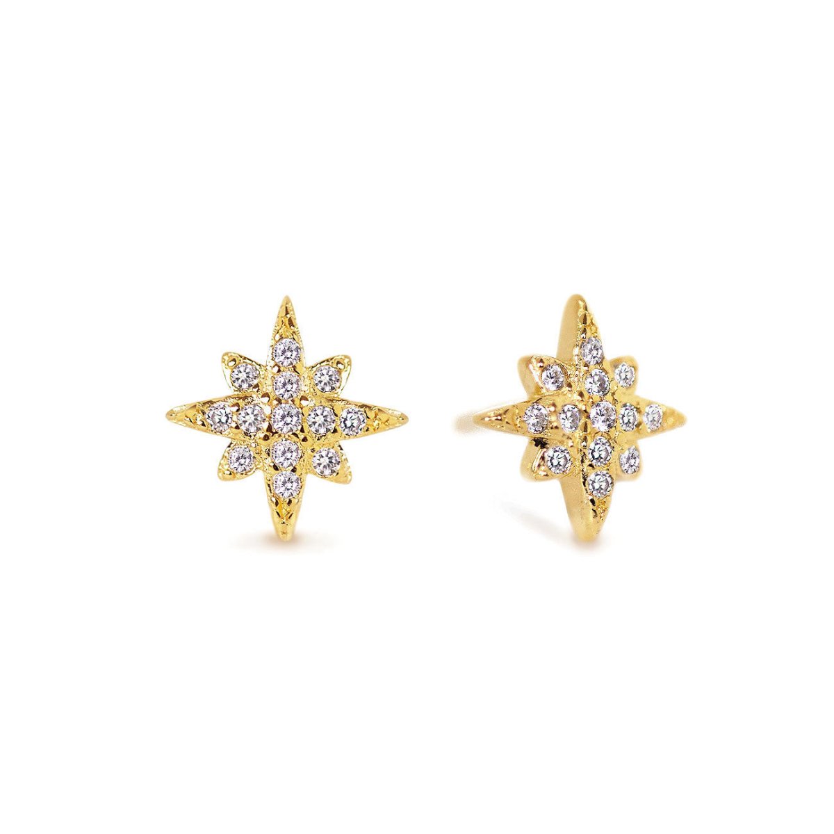 Pair of gold vermeil starburst studs paved with clear stones, on a white background