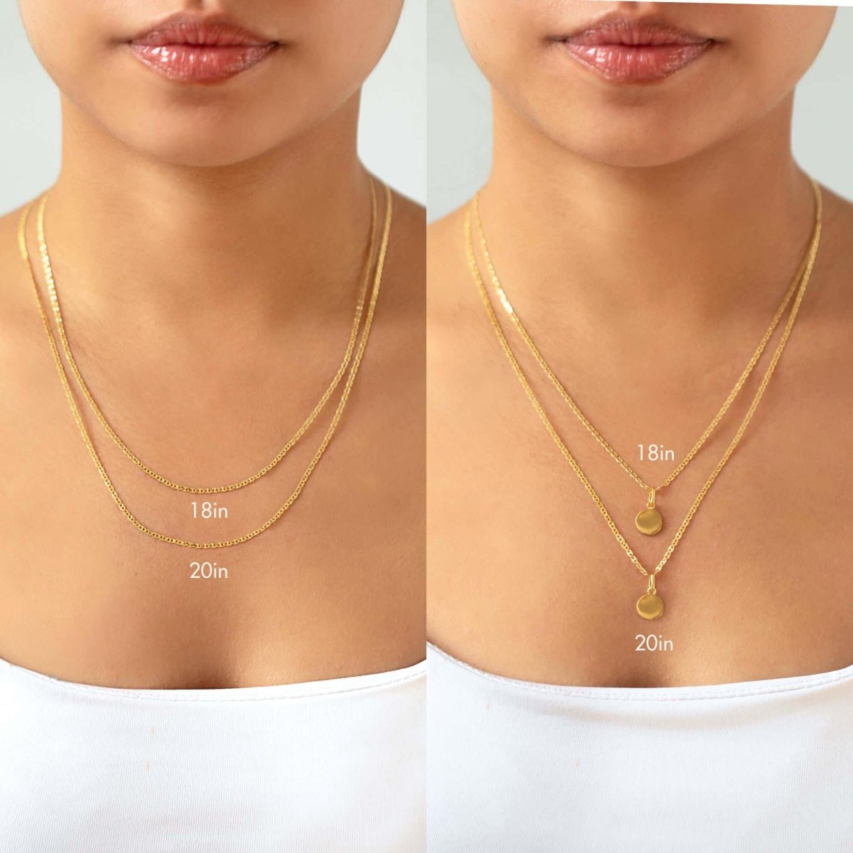 Gold round disc pendant size comparison, 18in and 20in, shown on a model's neckline