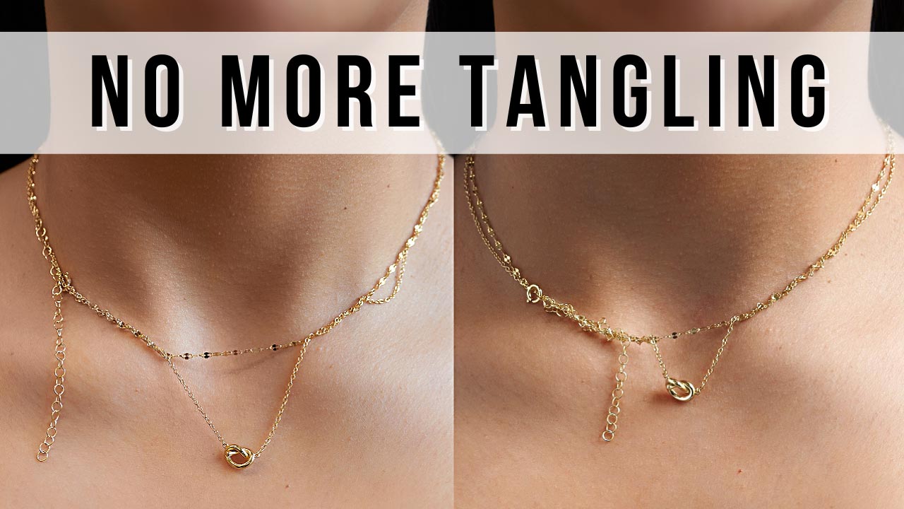 Video preview: before and after of two layered gold necklaces shown tangle-free