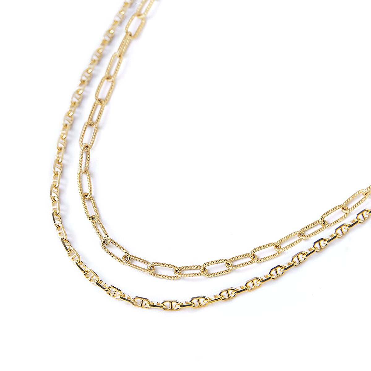 Gold vermeil layered duo of a Marina chain and a paperclip chain, on a white background
