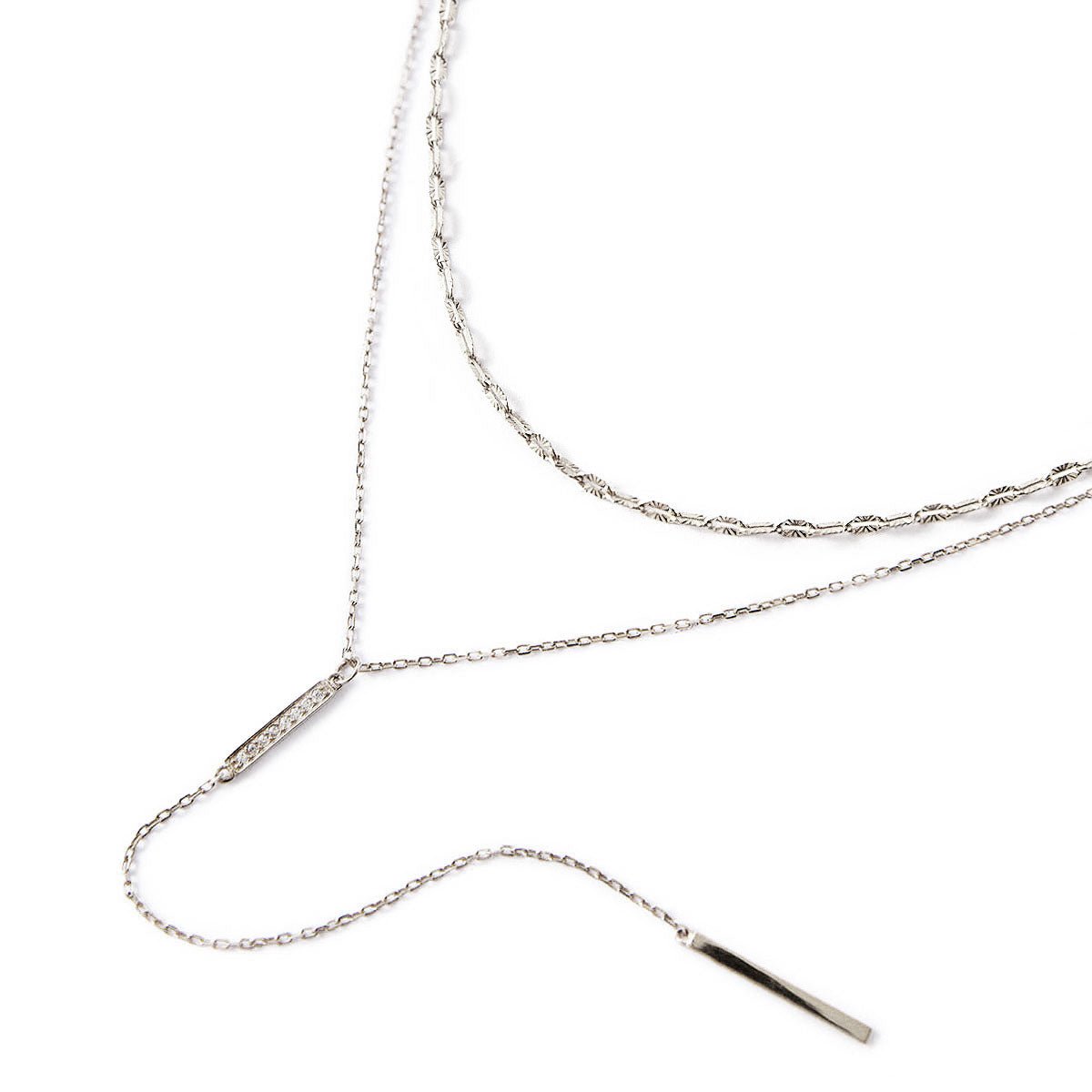 Sterling silver bar lariat and lace chain duo with a clear stone pave bar, on a white background