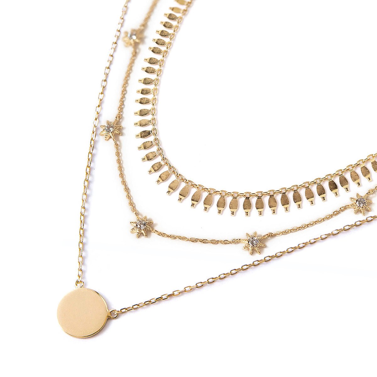 Gold vermeil fringe choker with clear-stone star station chain and disc coin layers, on a white background