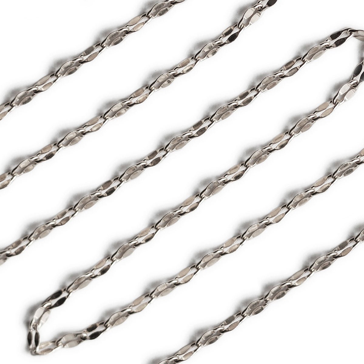 Sterling silver chain choker, close-up detail of the flat mirrored links on a white background