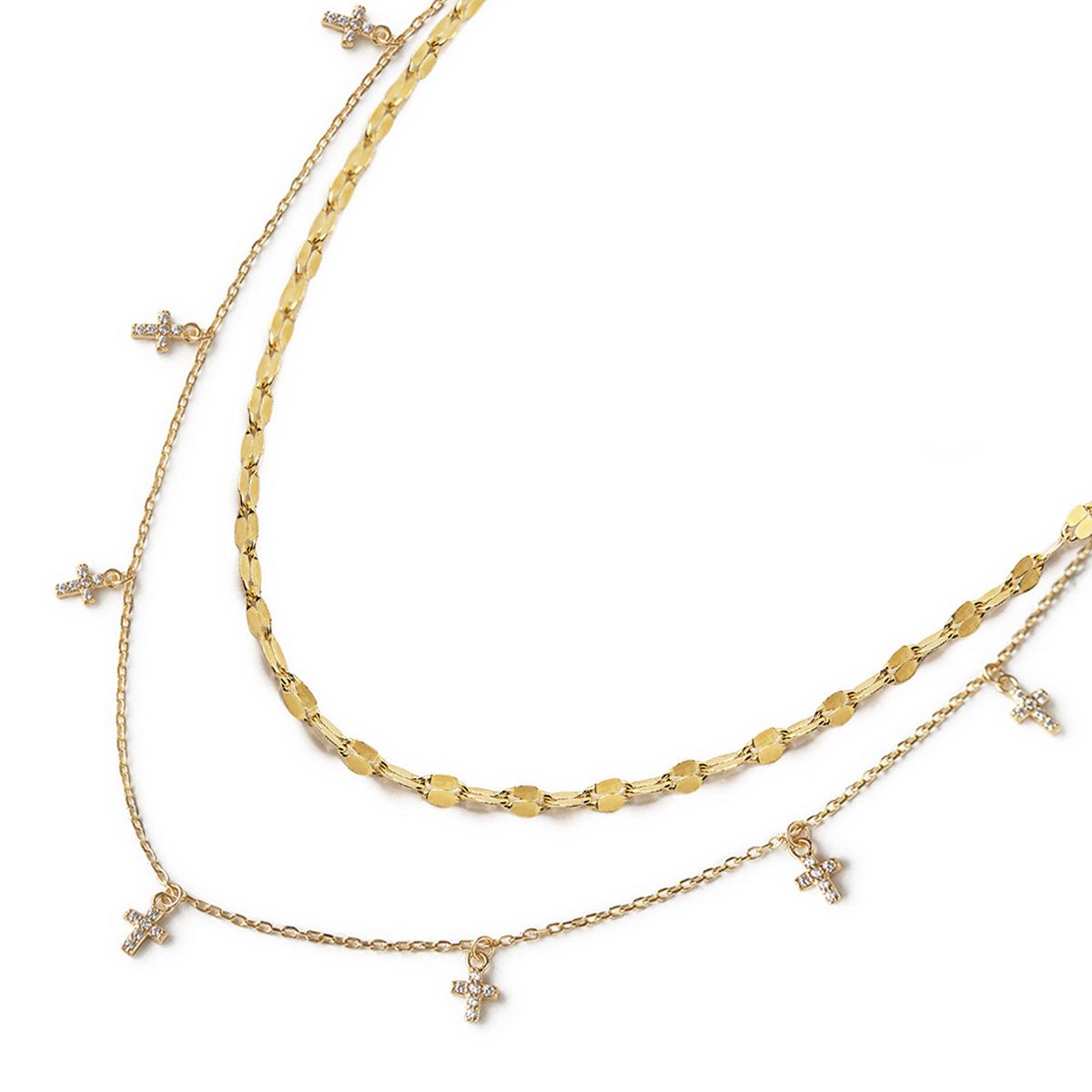 Gold vermeil layered duo with a mirror-link chain and a chain of zirconia cross charms, on a white background