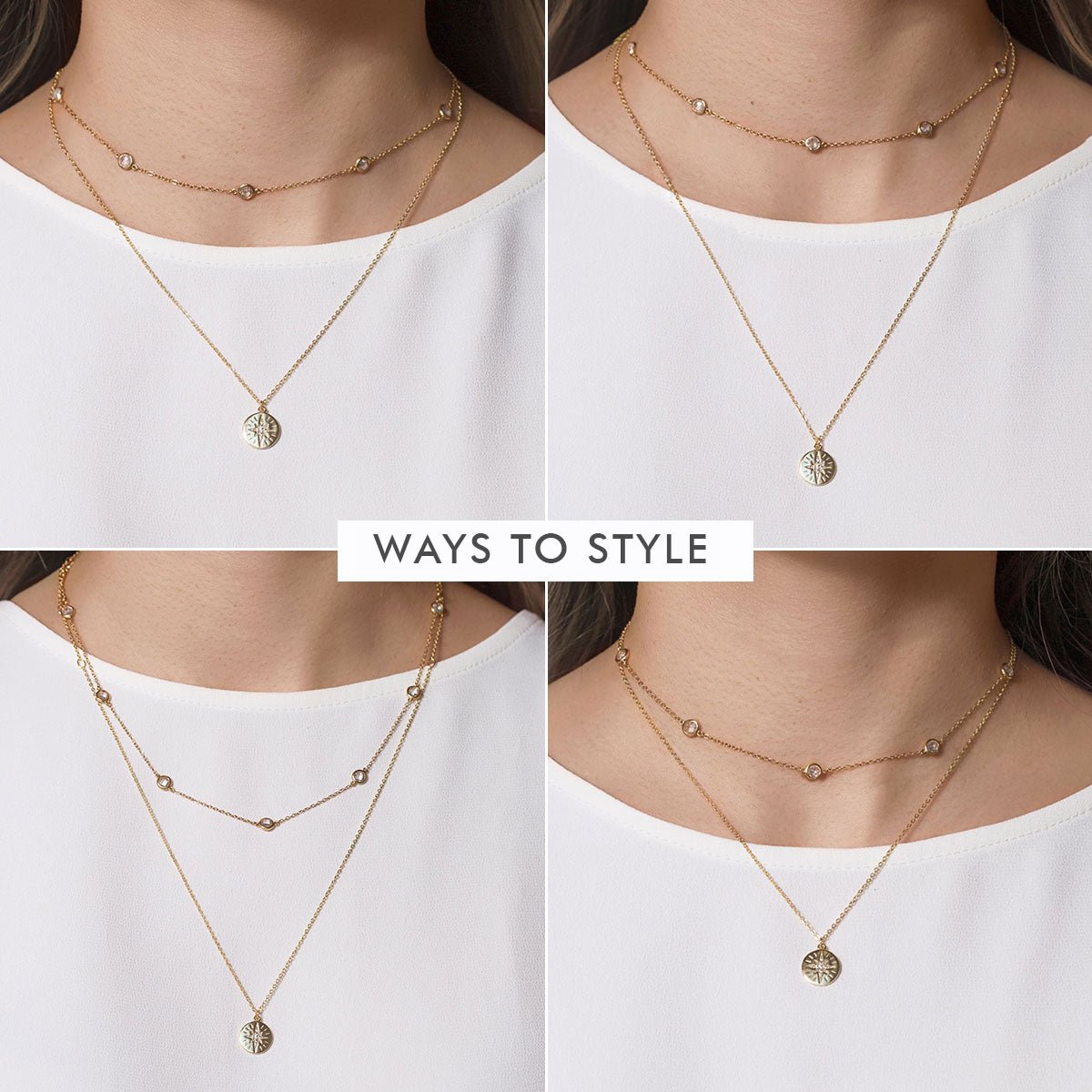 Four ways to style the gold vermeil layered station and star disc necklaces, shown on a model