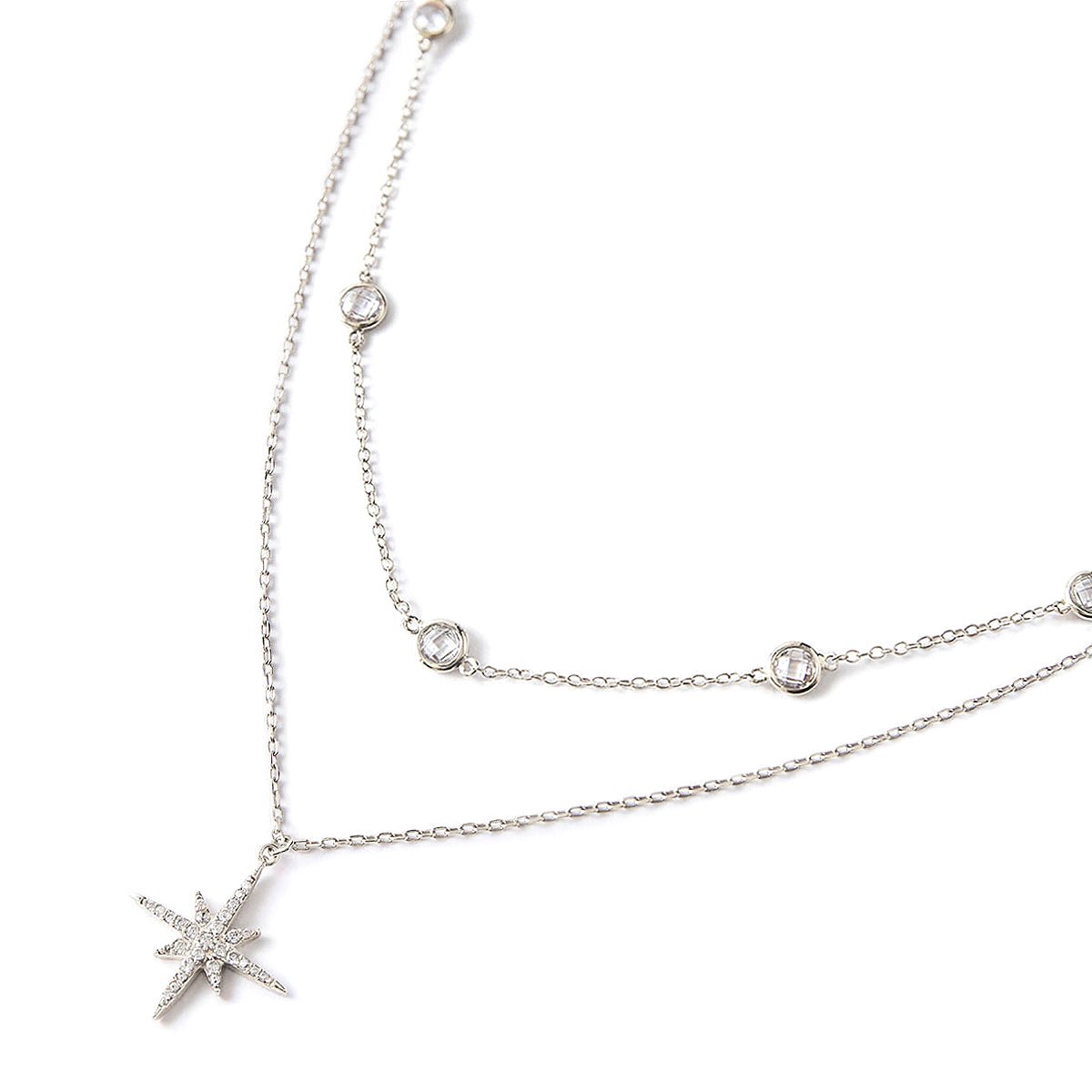 Sterling silver layered necklace duo with a pavé star pendant and round clear stones, on a white background