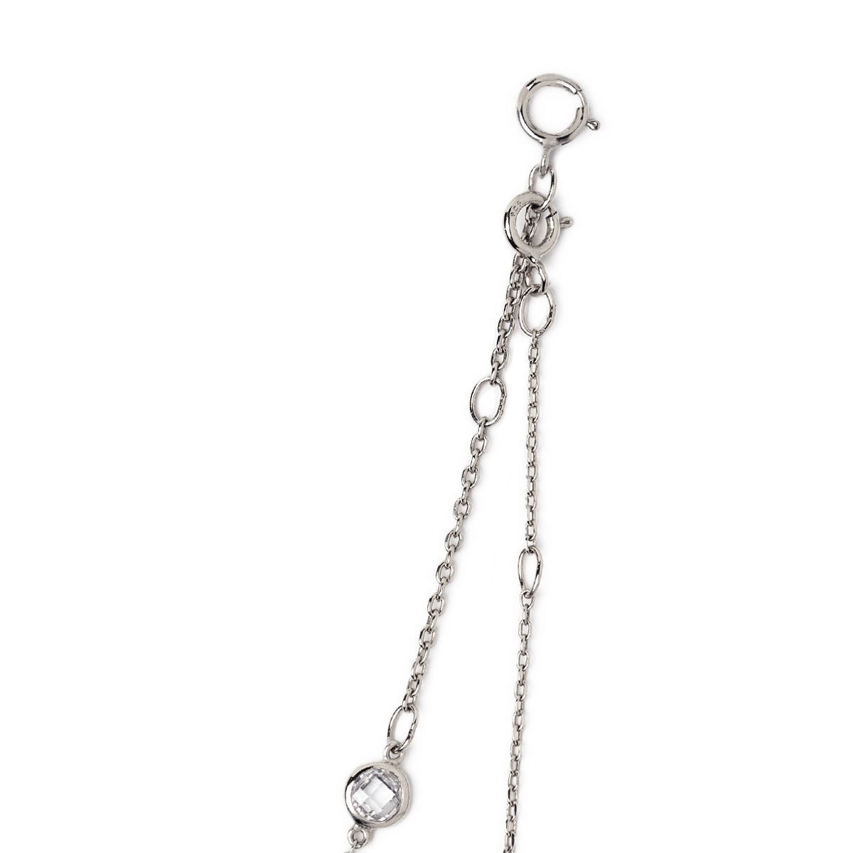 Close-up of the sterling silver spring-ring clasp and white zirconia station on a white background
