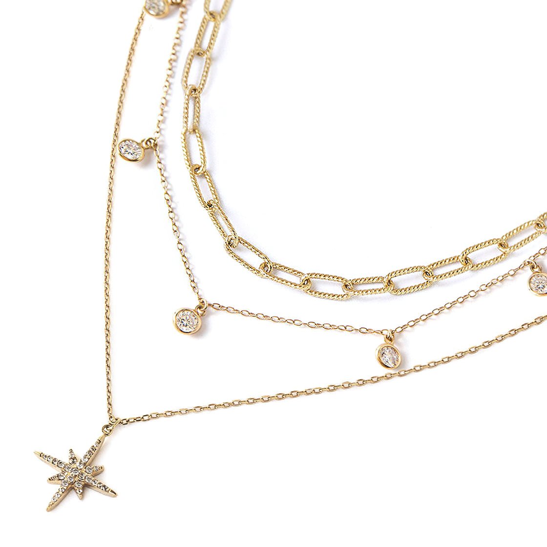 Gold vermeil layered necklace trio with white zirconia stations and a starburst pendant, close-up detail