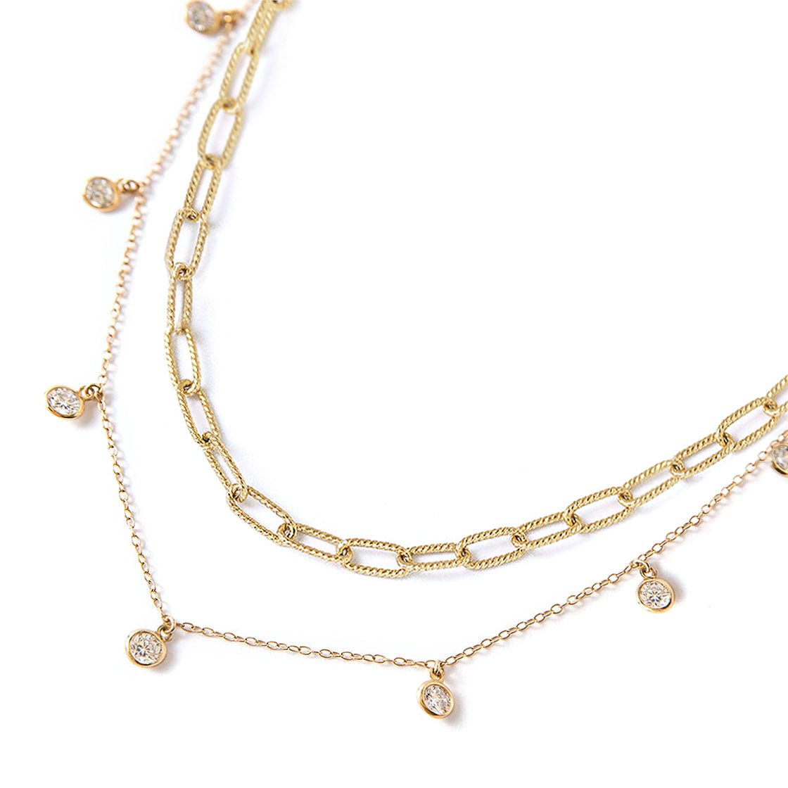 Gold vermeil layered choker duo, a paperclip chain and a chain with dangling clear crystal drops, on a white background