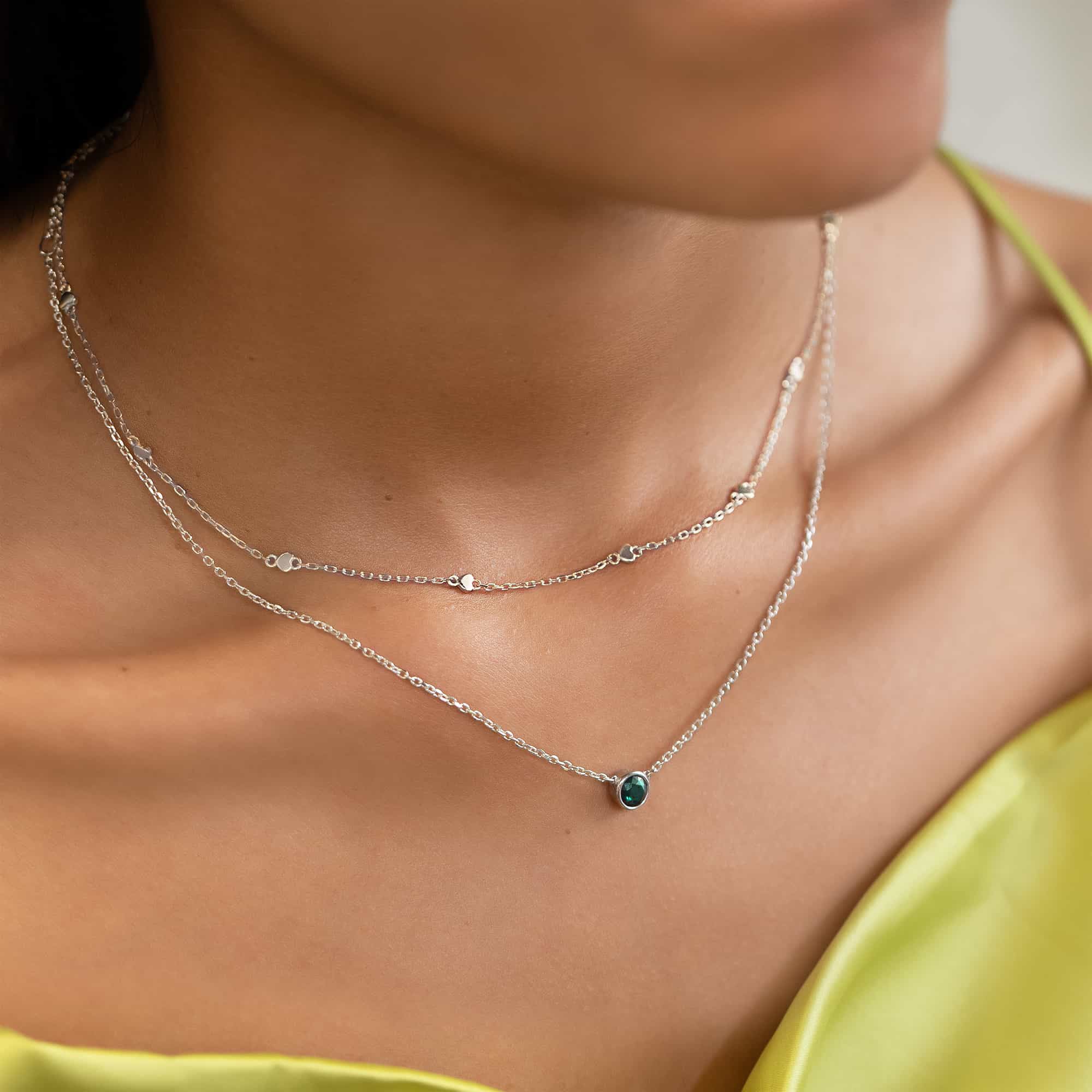 Sterling silver necklace length and layering options guide, shown on a white background