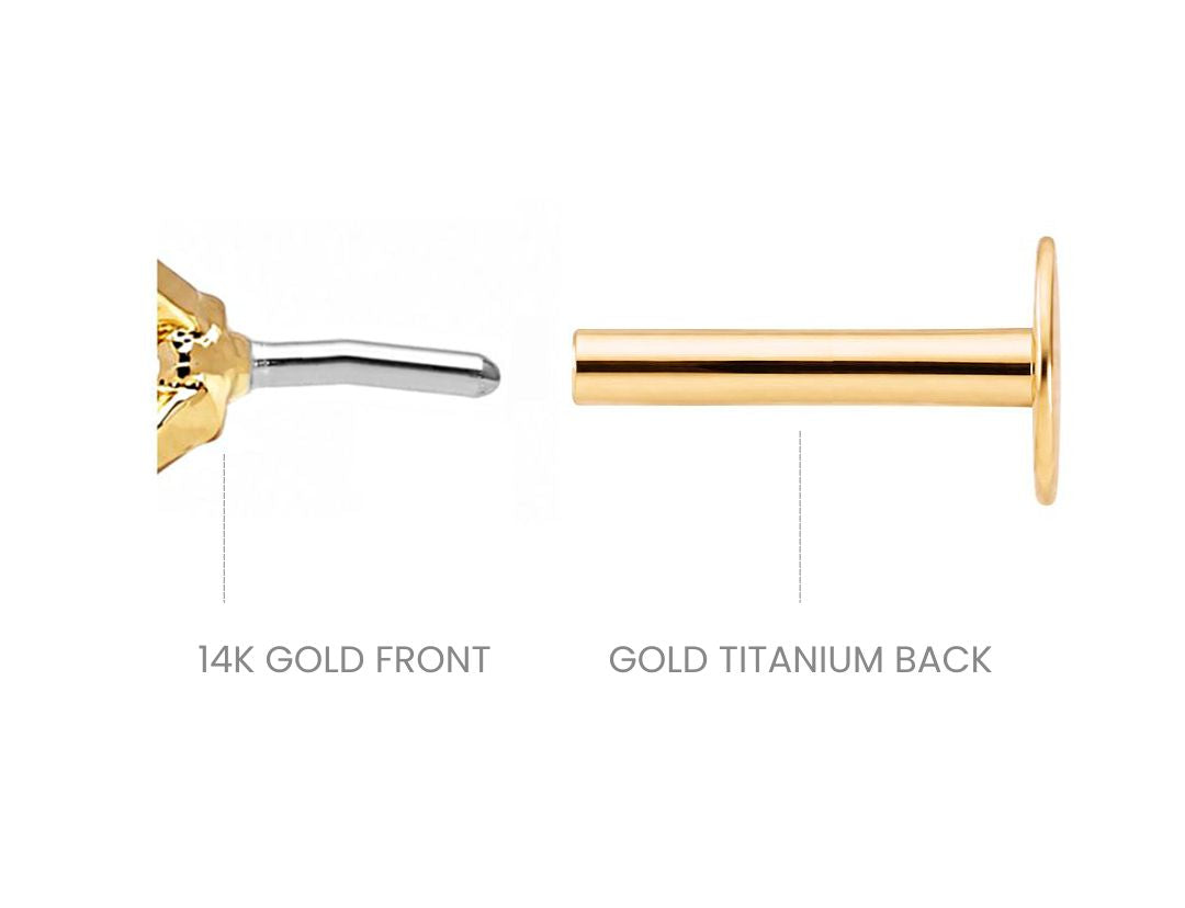 Diagram on a plain white background showing a 14K gold front piece beside a gold titanium flat back post