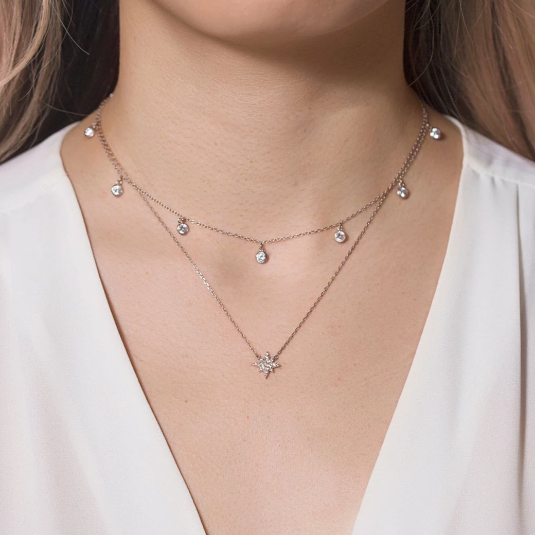 Sterling silver layered choker duo with clear bezel drops and a starburst pendant, close-up on a model's neckline