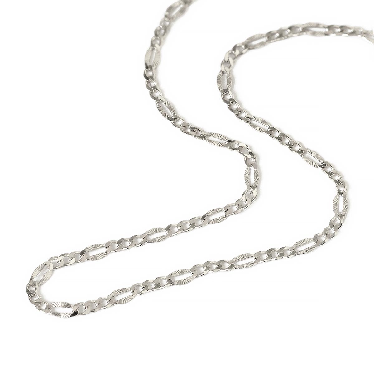 Sterling silver thick Figaro chain necklace with patterned links, on a white background