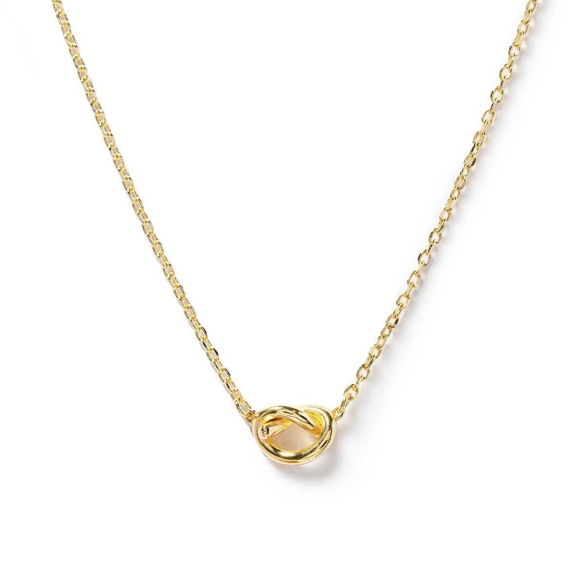 Gold vermeil love knot necklace with a small knot pendant, on a white background